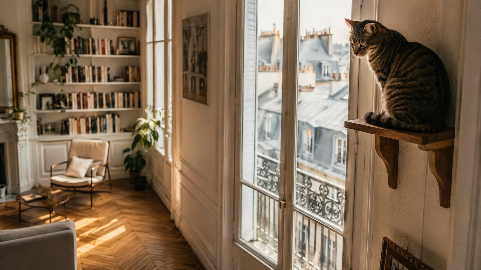 Un chat perché en hauteur sur une étagère près de la fenêtre d'un appartement haussmannien
