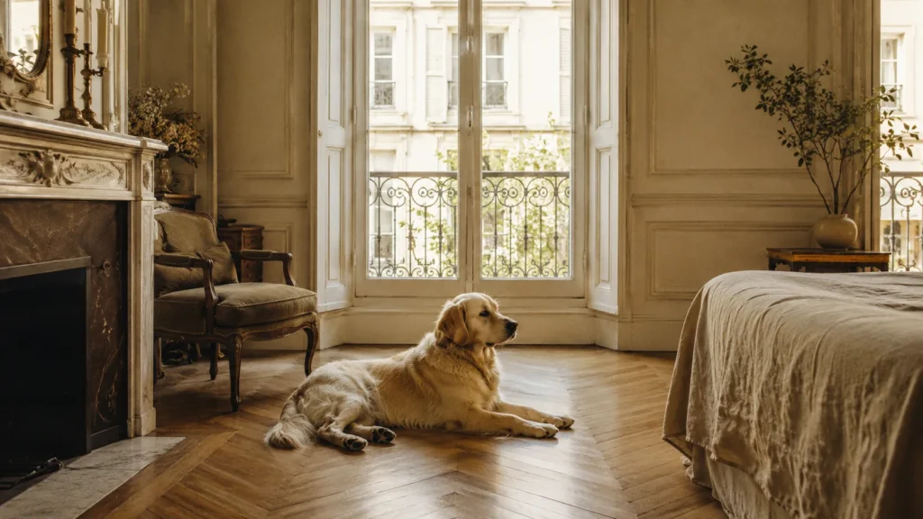 Teckel noir lové et endormi sur son coussin sous une lumière chaude