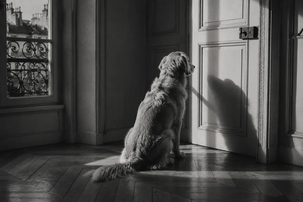 Un golden retriever assis seul face à une porte fermée, il attend