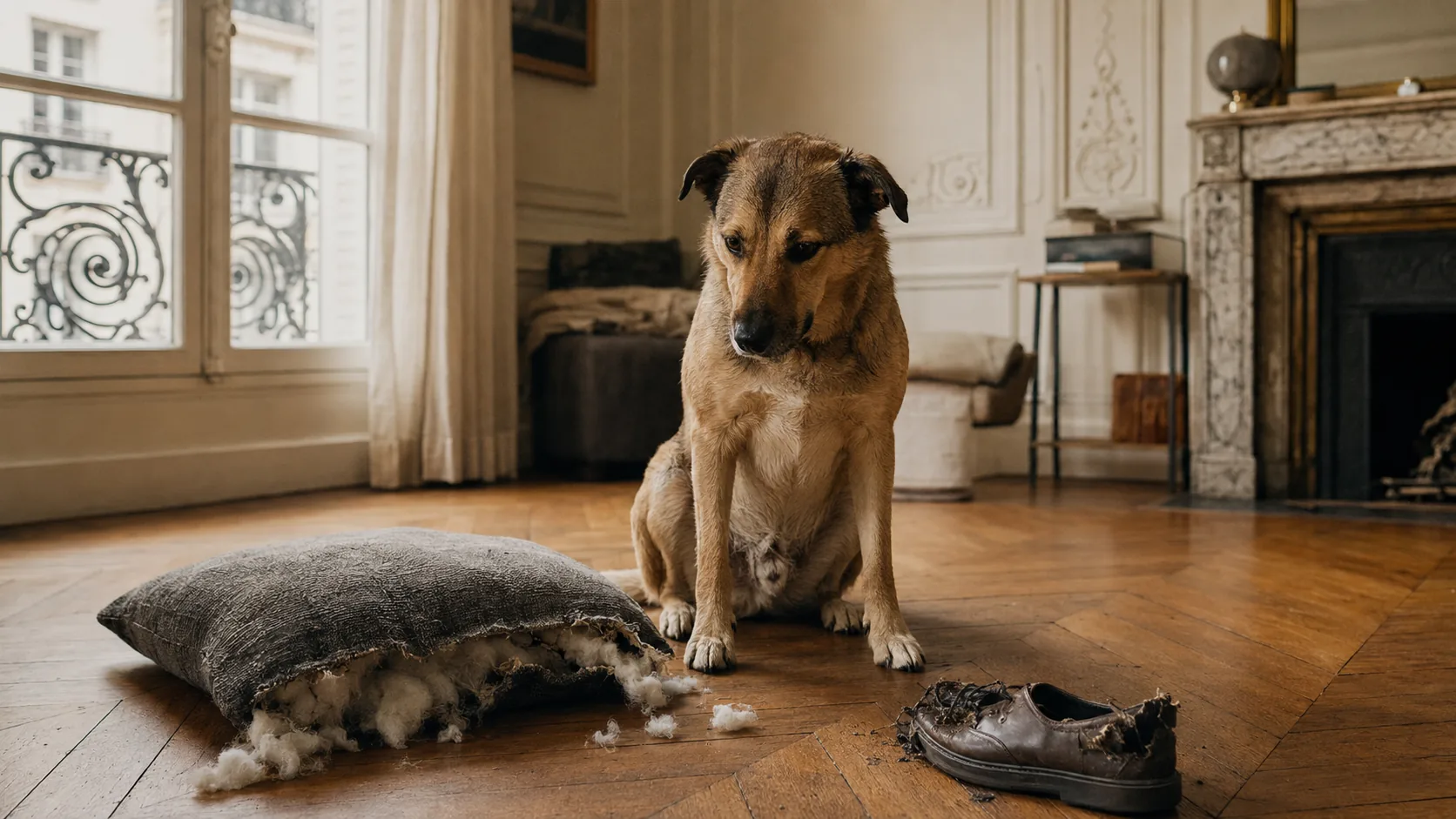 Labrador sable assis près de la porte d'un appartement haussmannien au crépuscule
