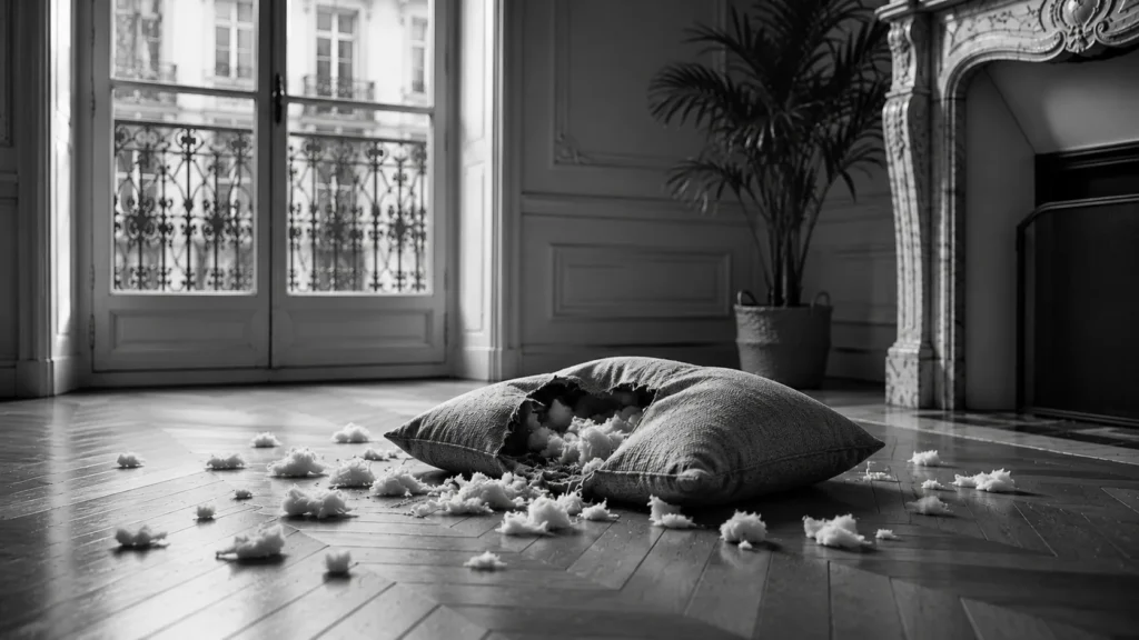 Gros plan noir et blanc du bas d'une porte griffée et de la patte d'un chien