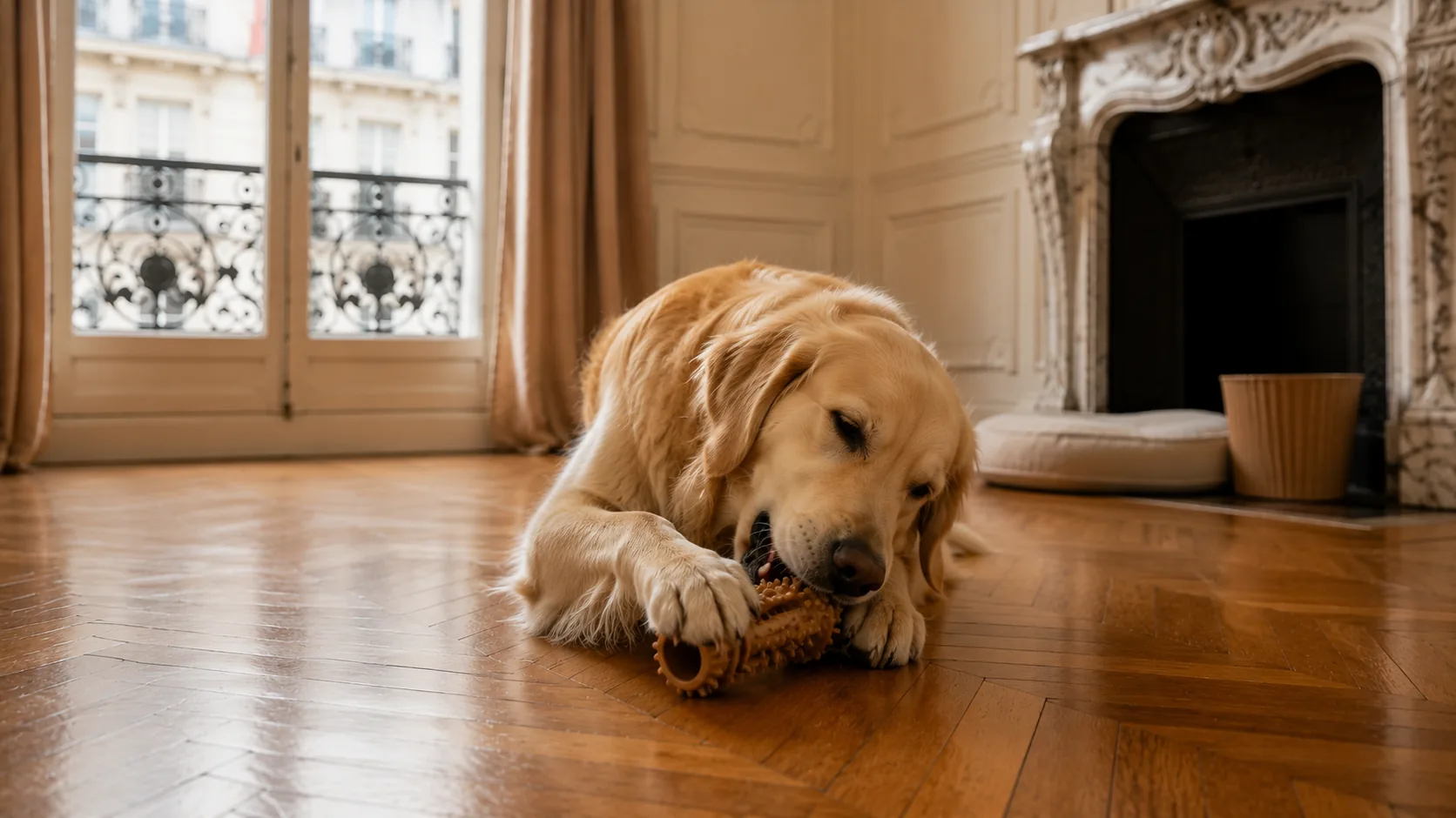 Chien endormi sur un fauteuil sous la lumière chaude d'une lampe, le soir