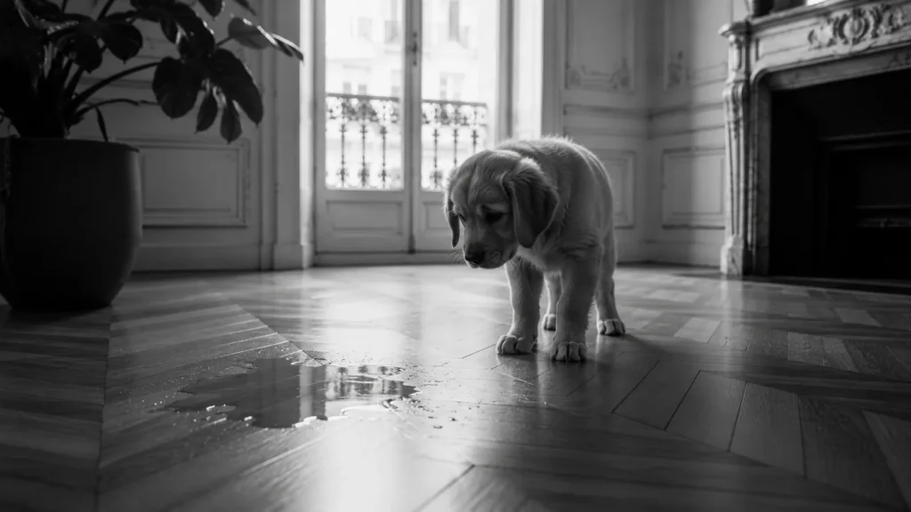 Patte de chien en noir et blanc posée près d'une auréole sur un parquet, le long d'une plinthe