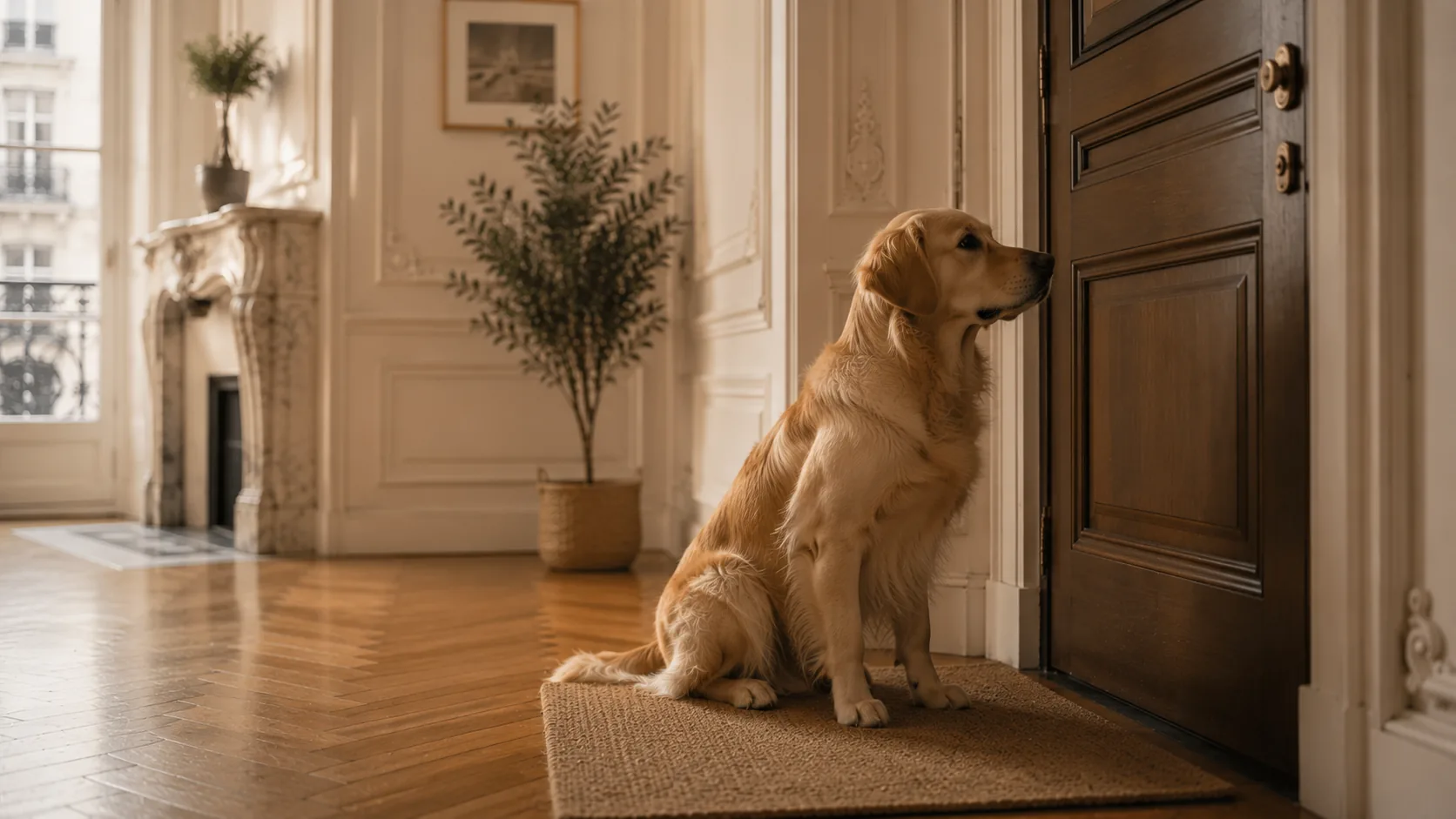 Teckel noir assis devant une porte fermée d'appartement haussmannien, parquet à chevrons