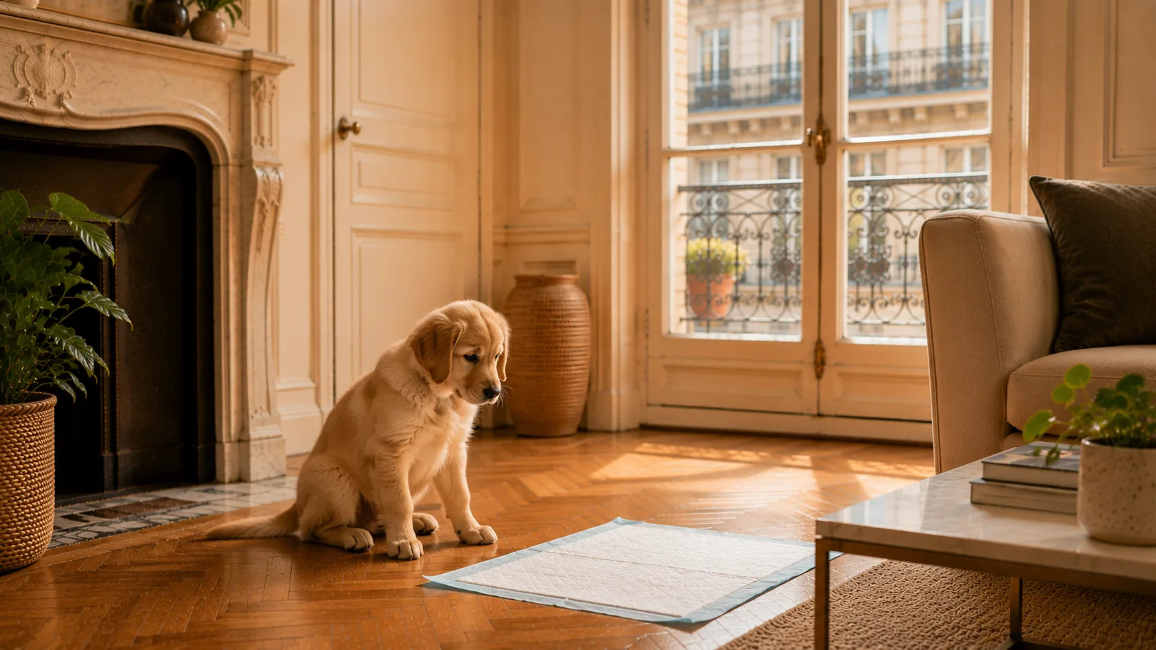 Teckel noir et feu couché en boule sur un coussin, le soir, sous une lampe chaude
