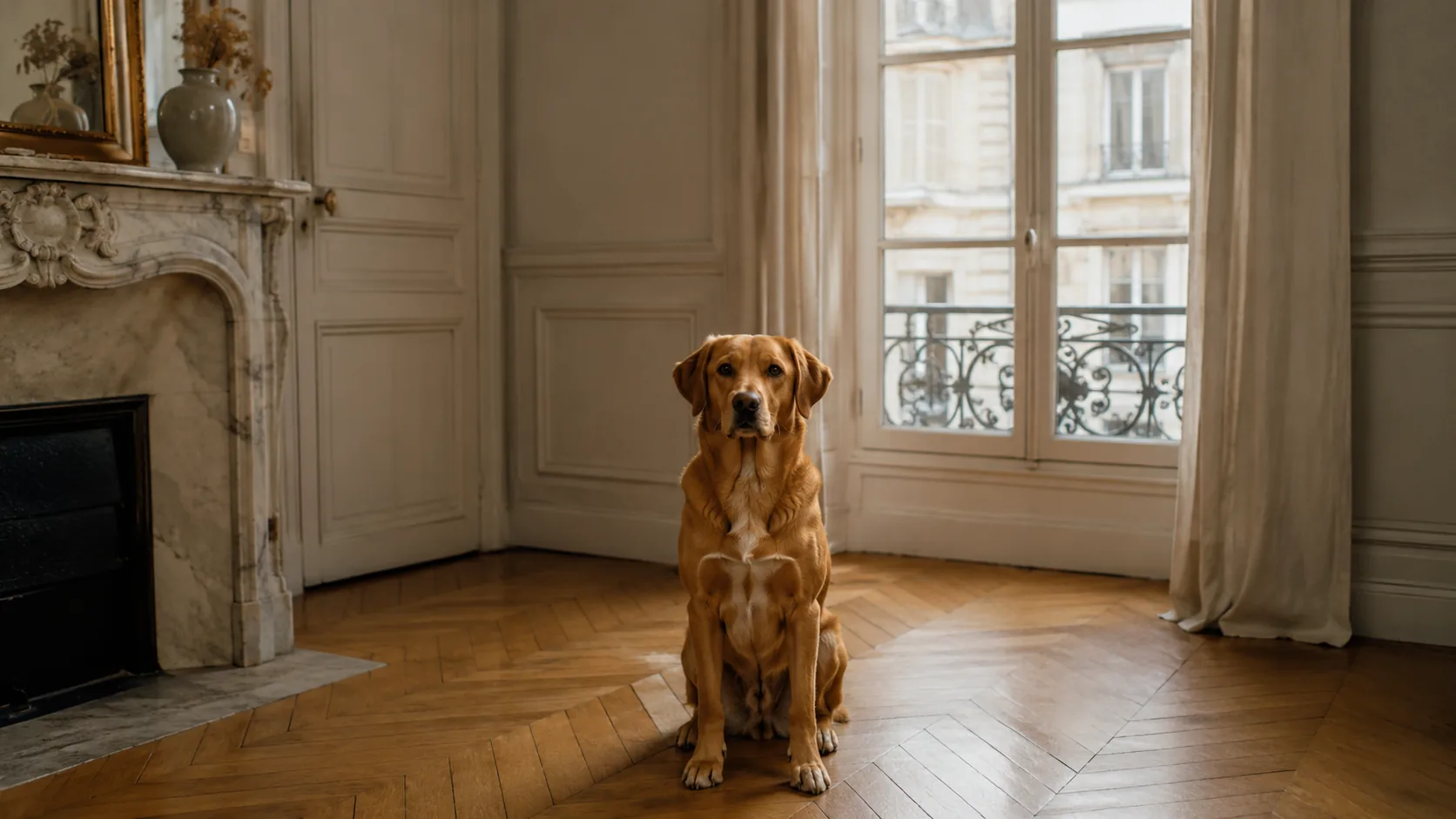 Un chien attentif assis, prêt à accueillir, dans un salon haussmannien