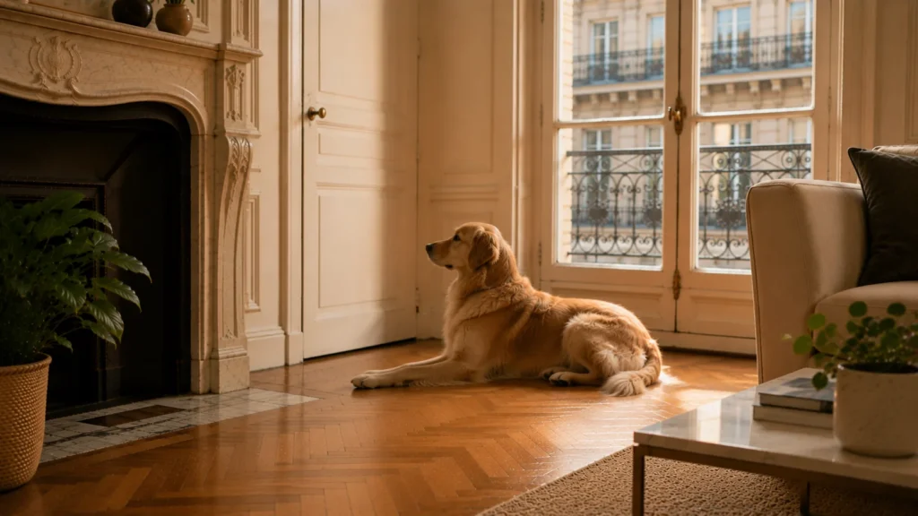 Chien couché au calme dans un salon haussmannien sous une lumière chaude