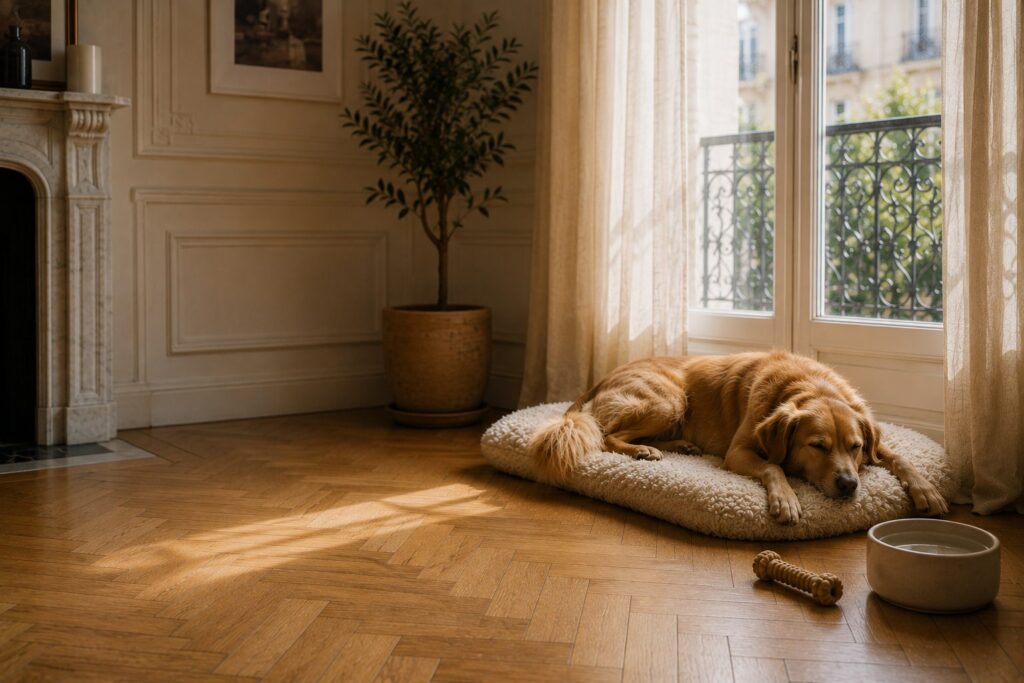 Golden retriever endormi paisiblement sur un coussin près d'une fenêtre haussmannienne
