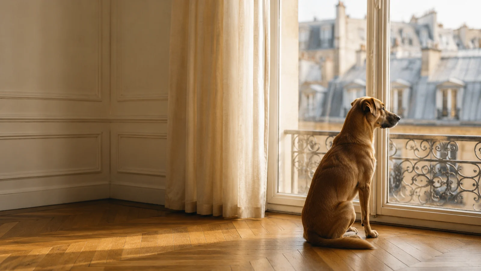 Un chien attend calmement seul près de la fenêtre d'un appartement haussmannien