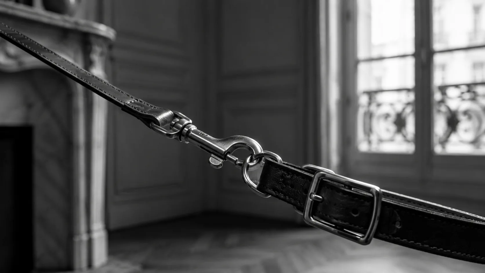 Gros plan noir et blanc d'une laisse tendue et d'un collier