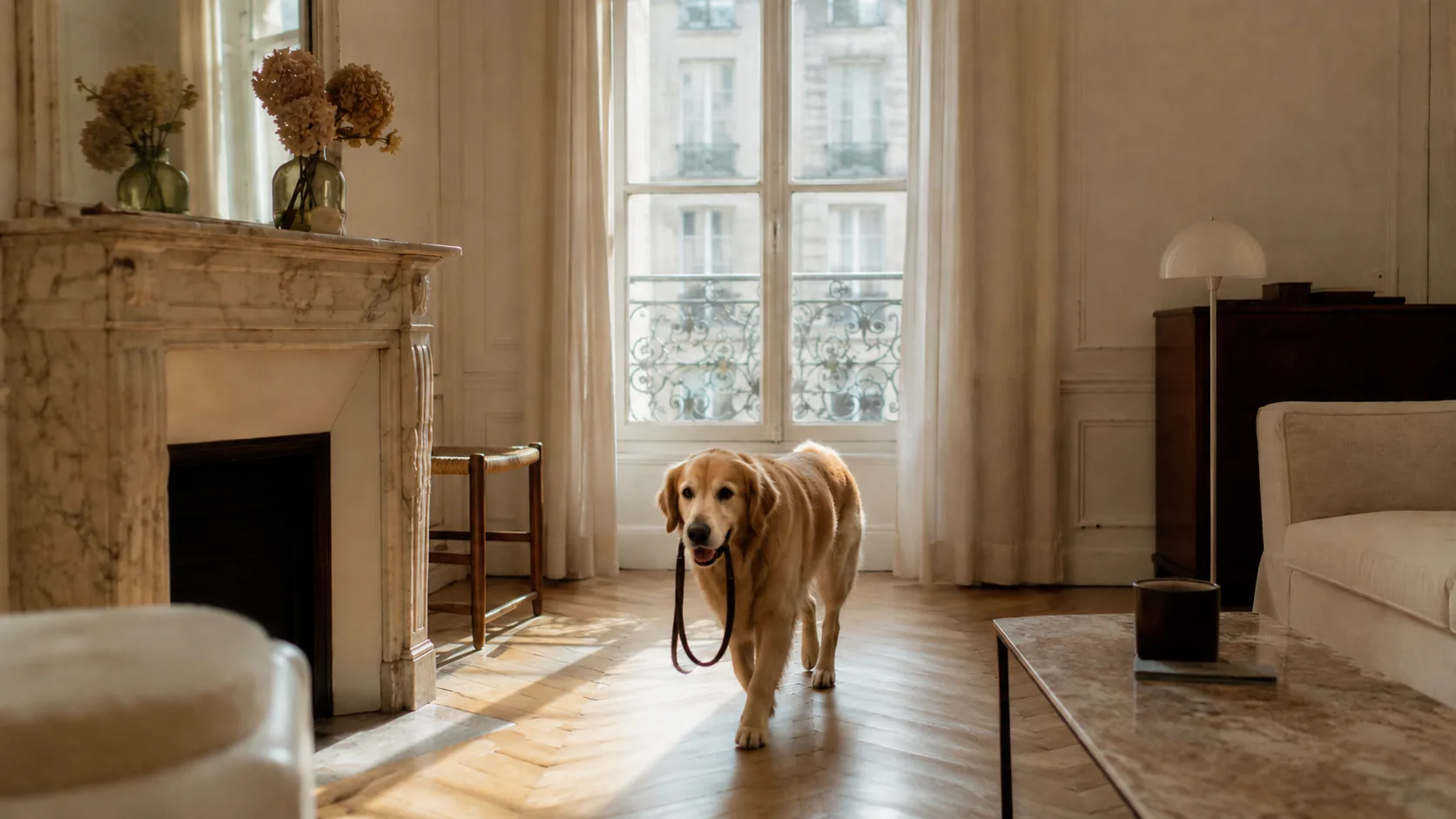 Chien marchant au calme le long d'un couloir haussmannien, laisse détendue
