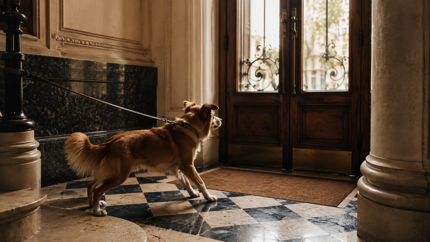 Un chien qui tire au bout de sa laisse vers la porte dans un hall haussmannien
