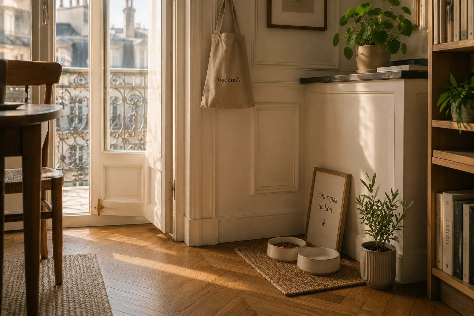 Coin repas discret d'un chat dans une cuisine d'appartement contemporain, gamelles en céramique sur une planche en bois à l'écart du passage