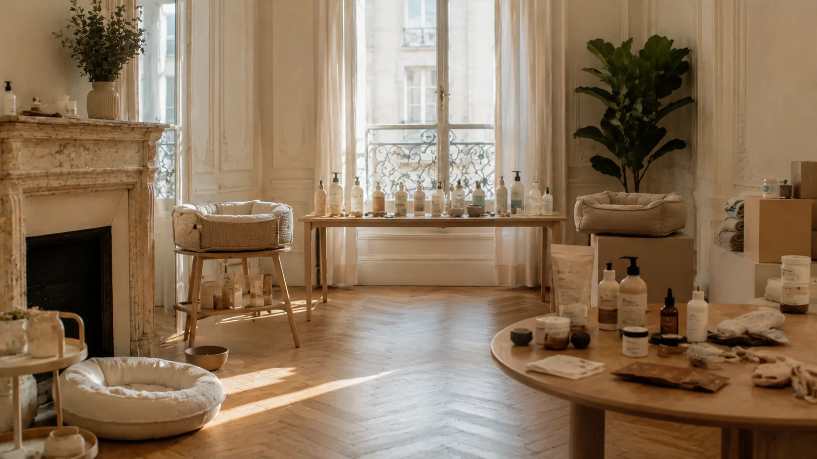 Une pièce lumineuse où sont disposés produits, paniers et accessoires pour animaux en cours d'évaluation
