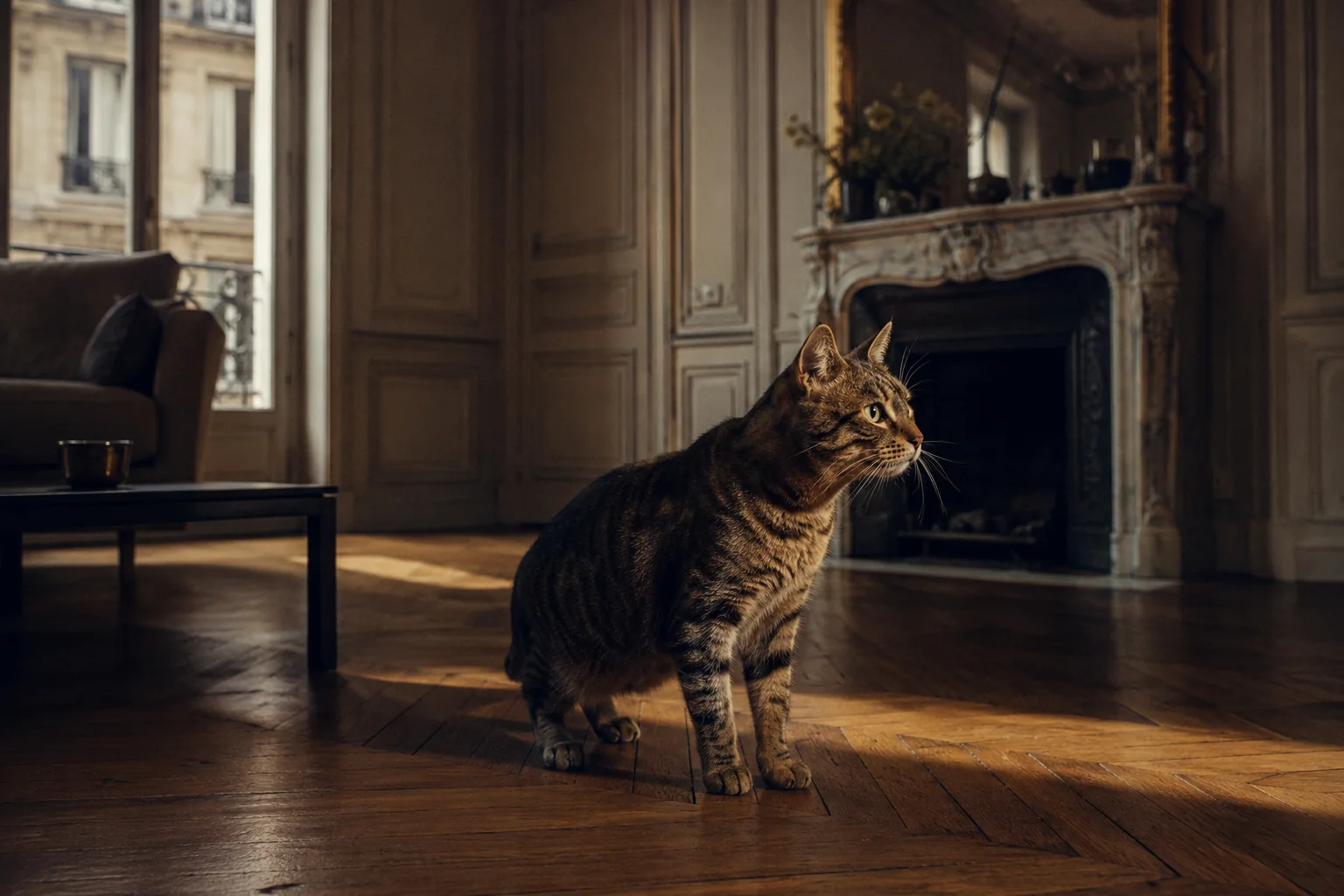 Chat tigré aux aguets dans un salon haussmannien