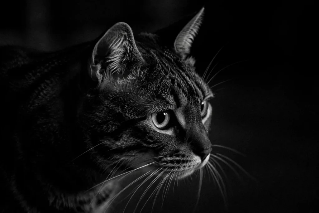 Gros plan noir et blanc du regard intense d’un chat tigré
