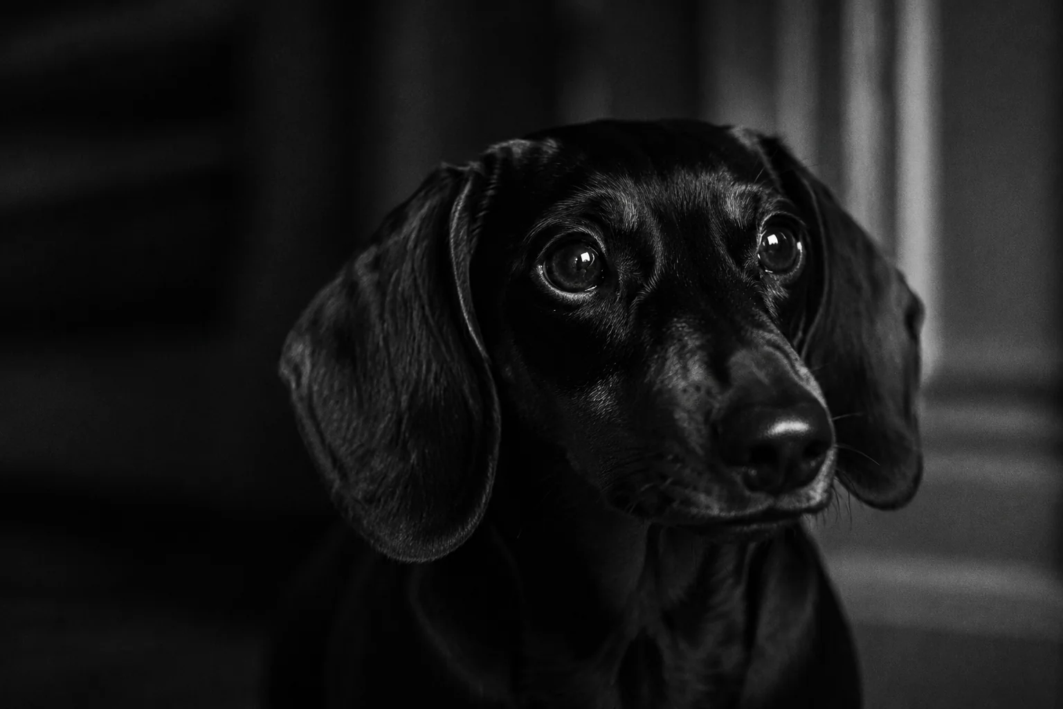 Gros plan noir et blanc du regard attentif d'un teckel noir