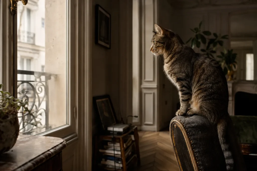 Chat tigré attentif près de la fenêtre, appartement parisien