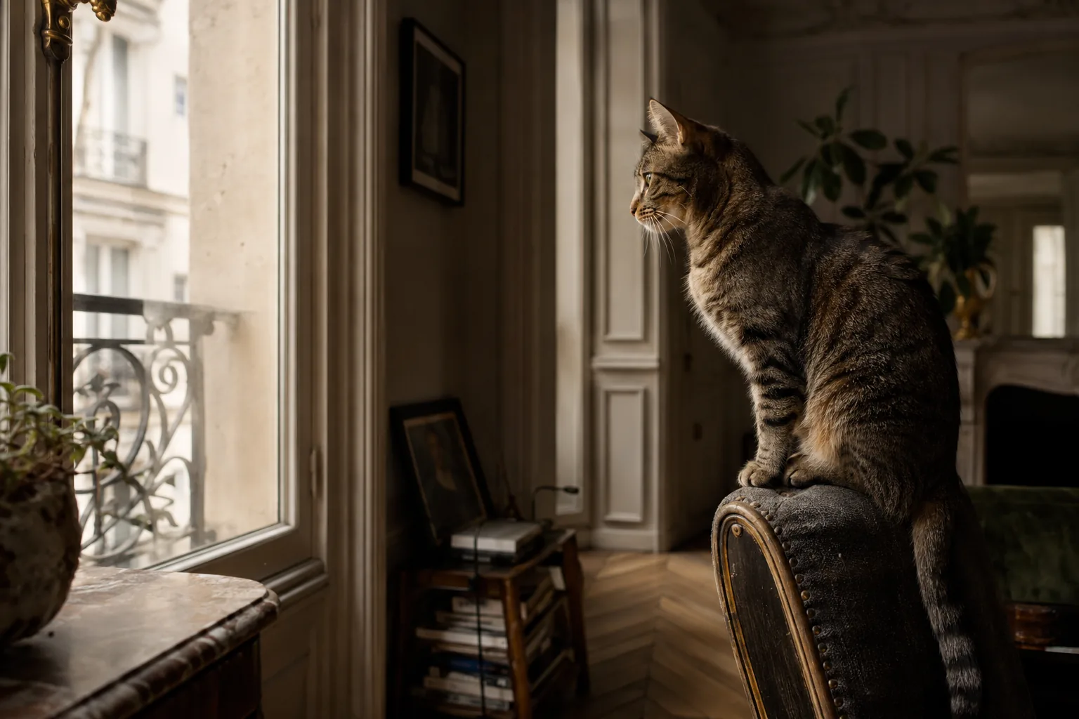 Chat tigré perché observant la fenêtre dans un appartement haussmannien