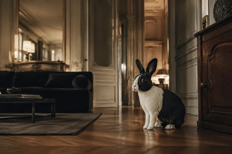 Lapin noir et blanc aux aguets dans un salon haussmannien chaleureux