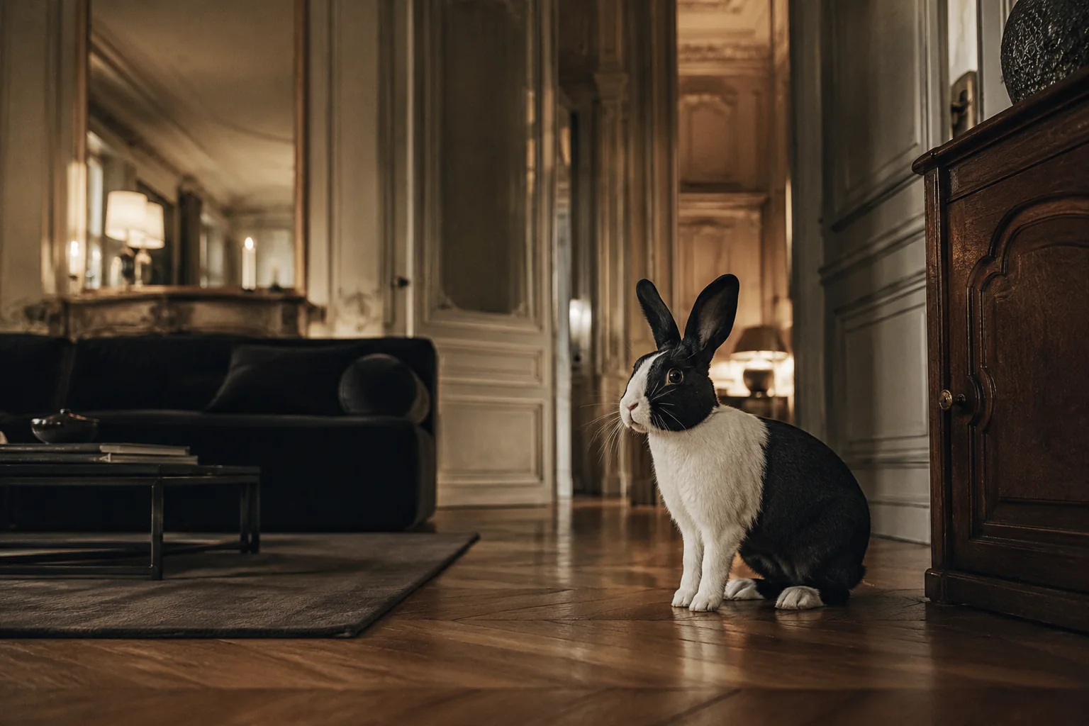Lapin noir et blanc aux aguets dans un salon haussmannien chaleureux