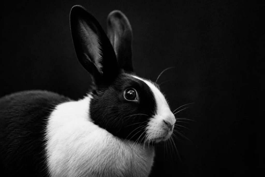 Gros plan noir et blanc des oreilles dressées et de l'œil d'un lapin