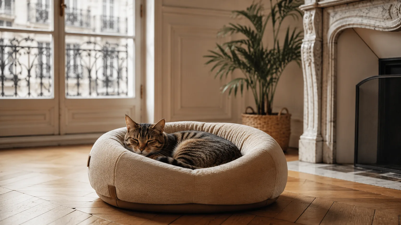 Chat lové dans un lit cocon moelleux près d'une fenêtre, salon haussmannien lumineux