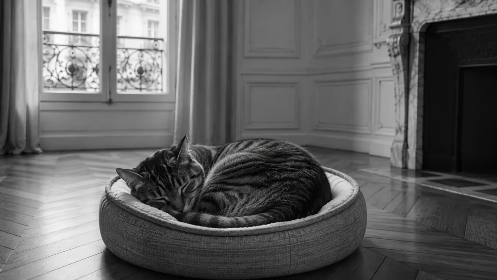 Chat endormi en boule dans un lit cocon à bords hauts près d'une fenêtre, noir et blanc