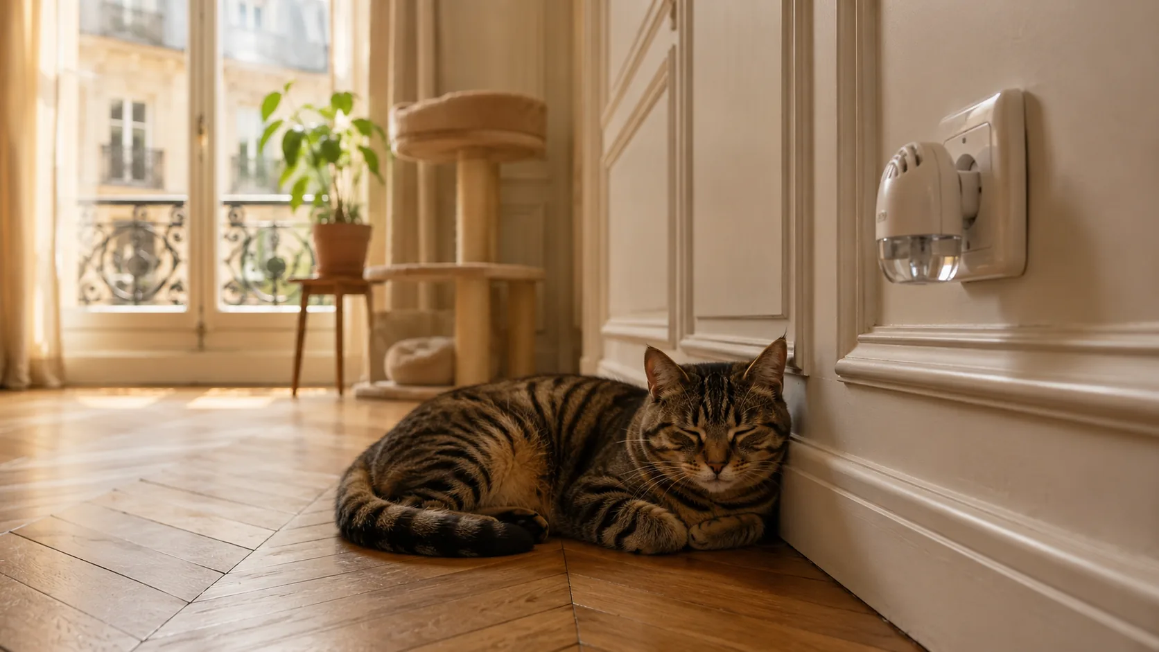 Diffuseur de phéromones branché dans une prise, chat détendu allongé sur un canapé dans un salon