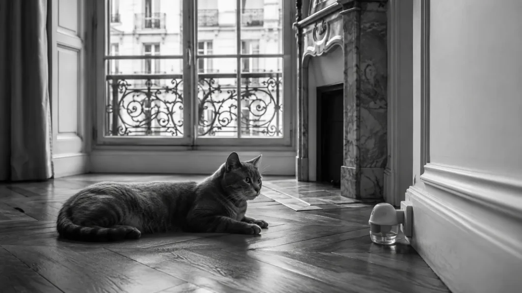 Un diffuseur de phéromones branché dans le salon, un chat détendu à proximité, noir et blanc