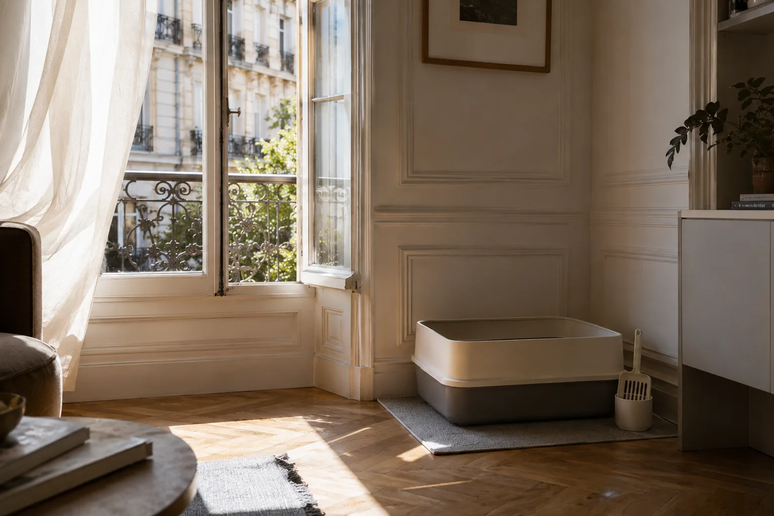 Coin litière propre et ventilé près d'une fenêtre haussmannienne