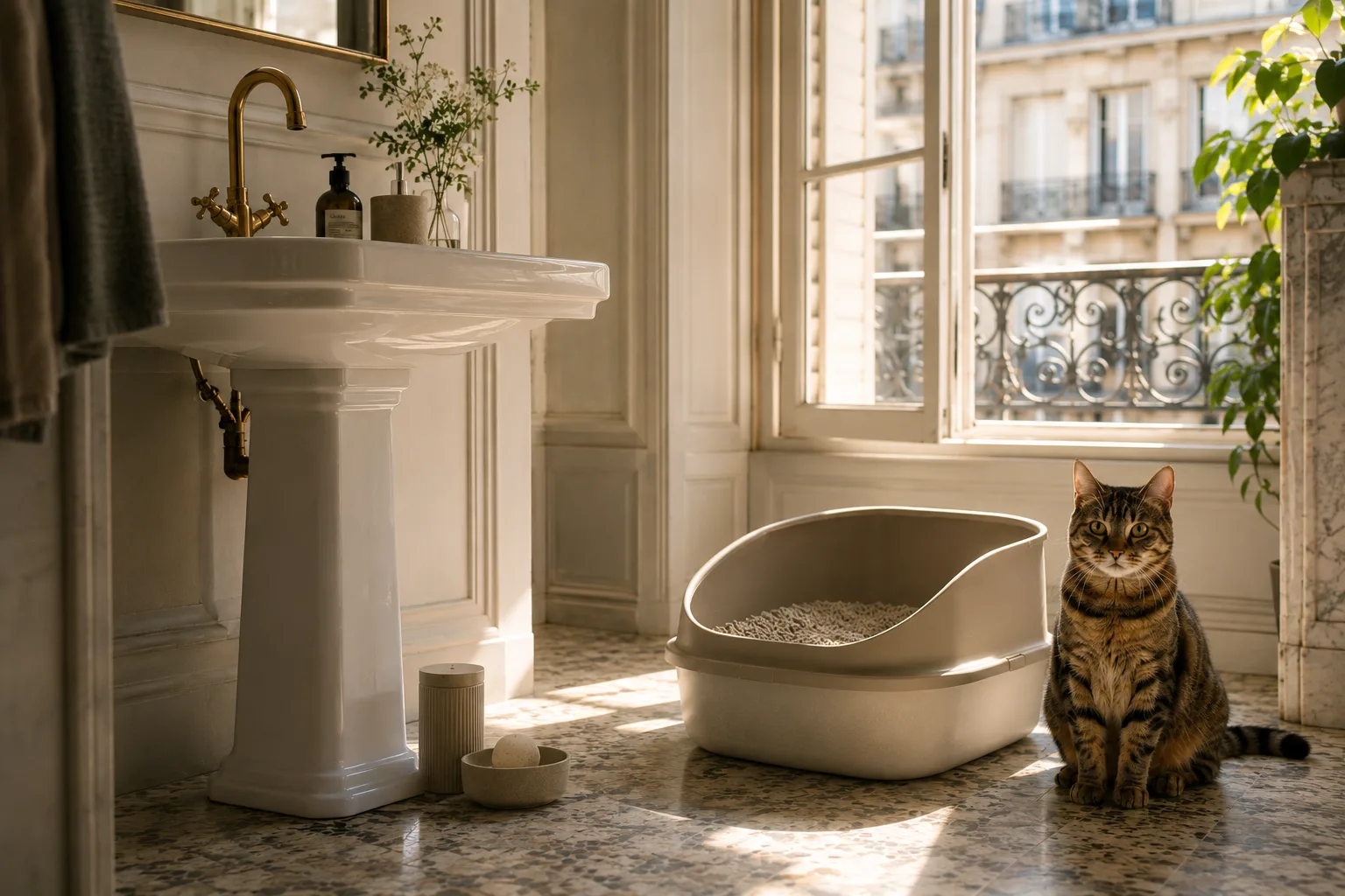 Chat tigré détendu dans une salle de bain fraîche et propre