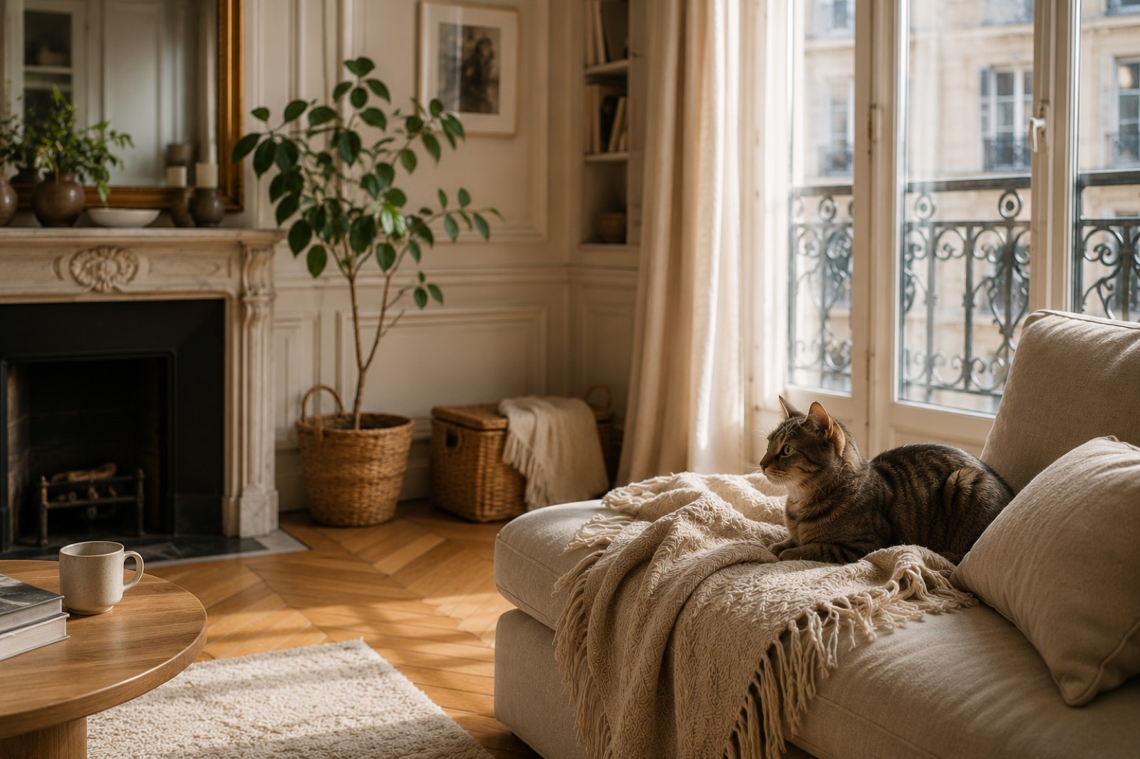 Chat tigré lové près de la fenêtre, attendant paisiblement le retour, noir et blanc, appartement haussmannien