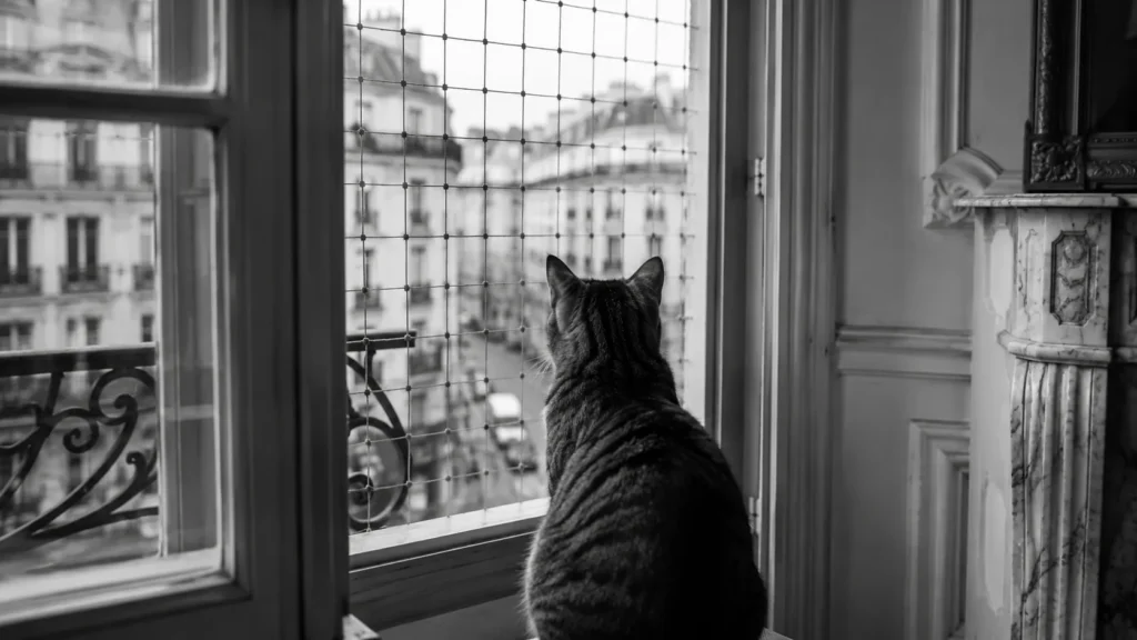 Filet de protection tendu sur la rambarde d'un balcon, un chat observe la rue au travers, noir et blanc
