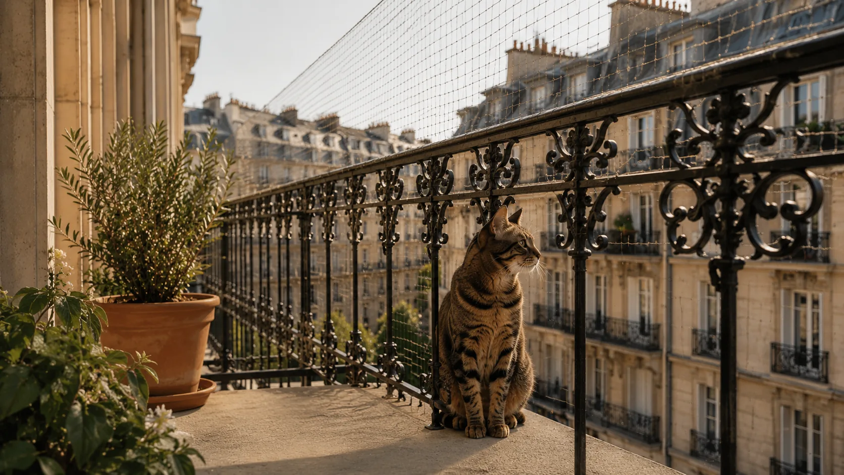 Filet de protection transparent tendu sur un balcon d'appartement, chat assis derrière la rambarde