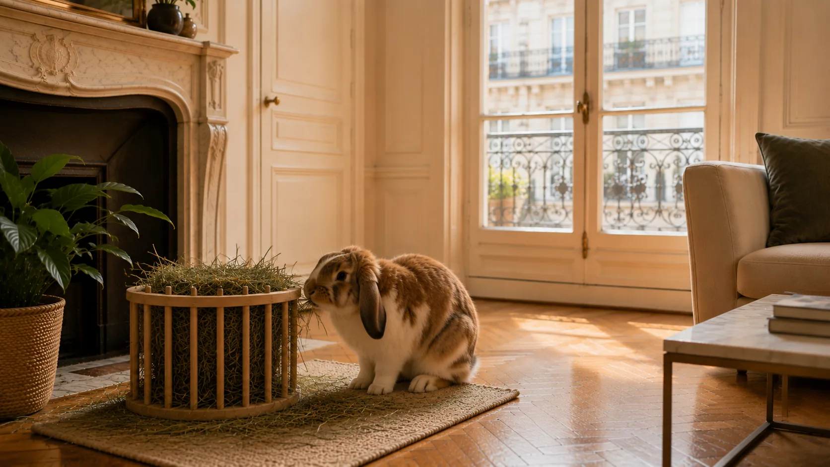 Lapin en train de manger du foin dans un râtelier suspendu, salon d'appartement lumineux