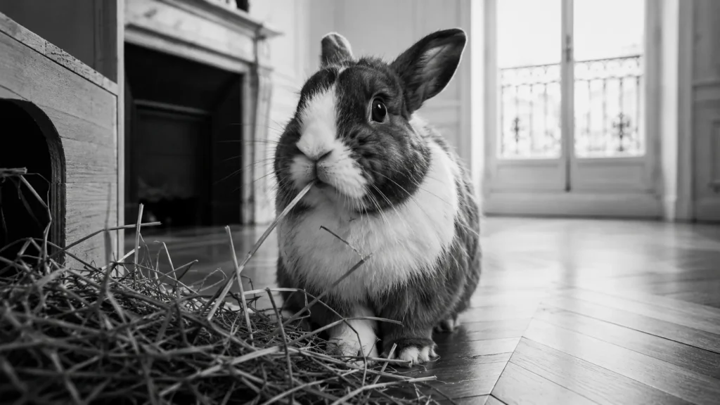 Lapin qui mange le foin d'un râtelier suspendu à bac, en appartement, noir et blanc