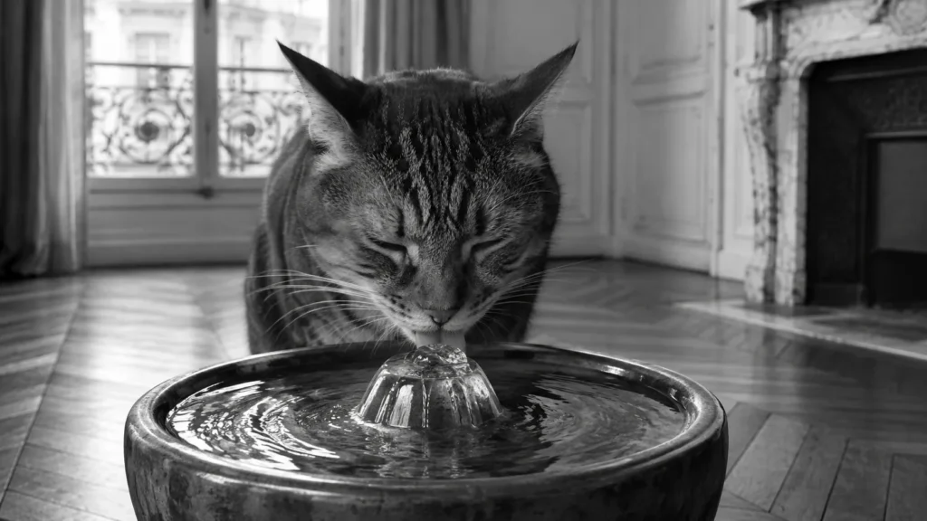 Un chat boit à une fontaine à eau en inox posée au sol dans un appartement, photographié en noir et blanc