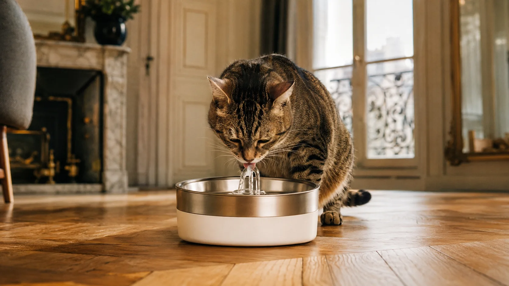 Fontaine à eau en inox pour chat dans un salon d'appartement, chat qui boit à l'eau courante