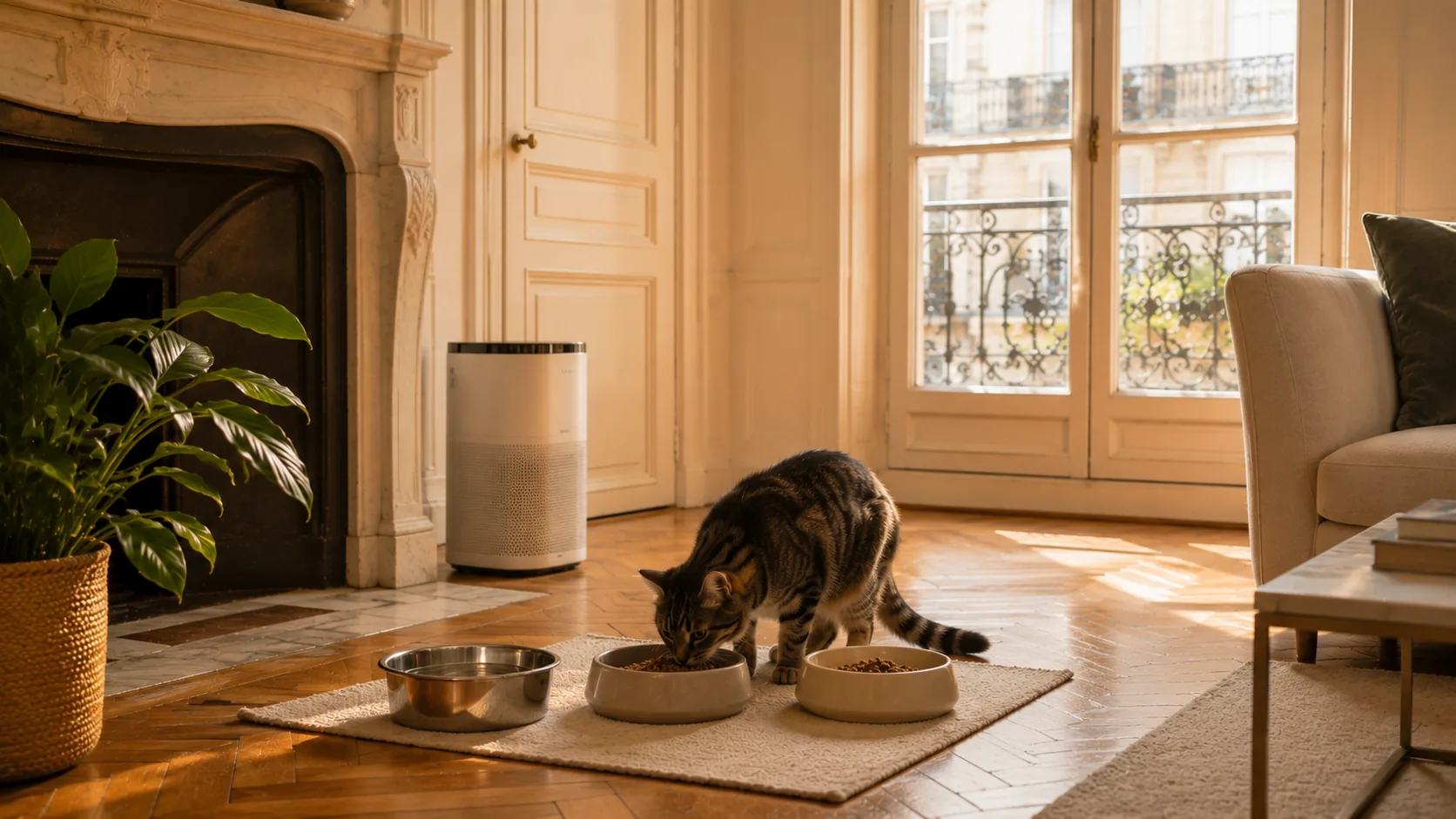 Gamelle inox surélevée pour chat dans une cuisine, chat qui mange, lumière chaude
