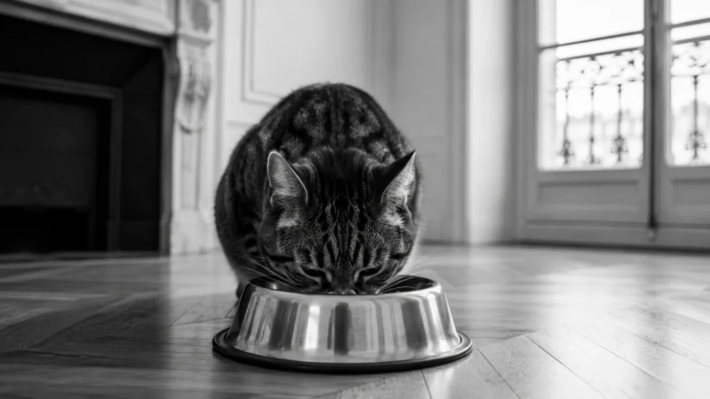 Chat en train de manger dans une gamelle inox surélevée, plan rapproché, noir et blanc