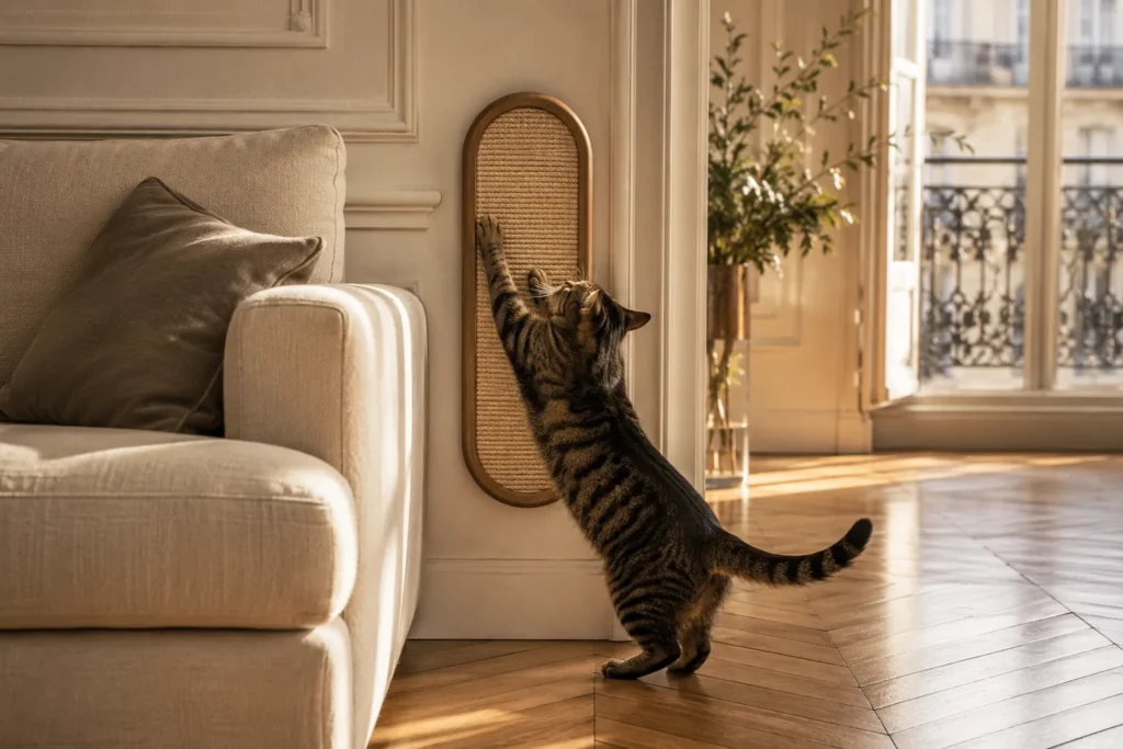 Chat griffant un griffoir mural design en sisal près d'un canapé