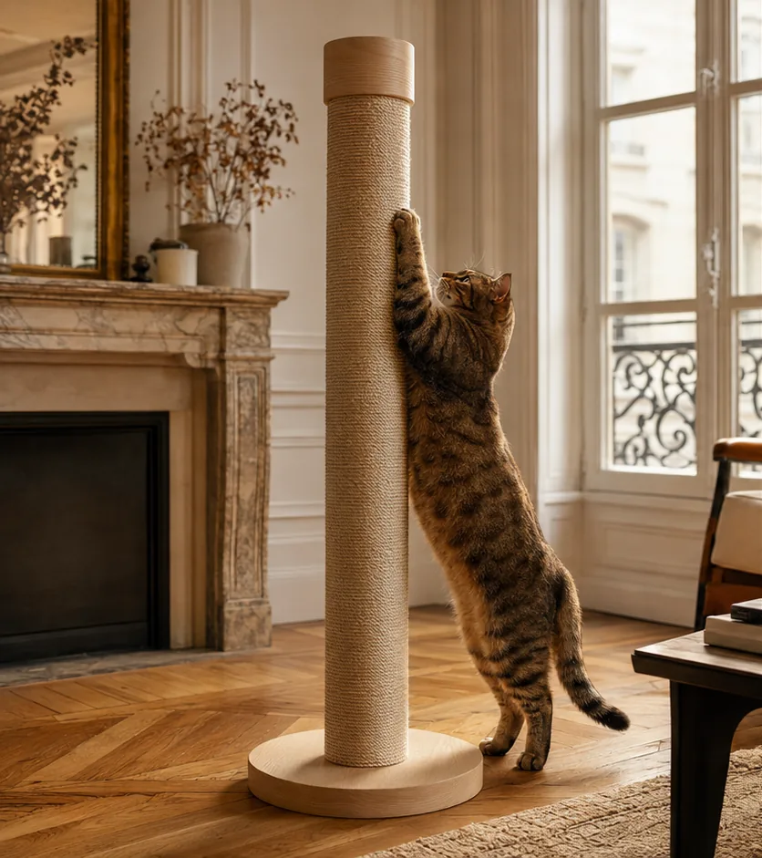 Chat en train de griffer un griffoir en carton dans un salon d'appartement lumineux