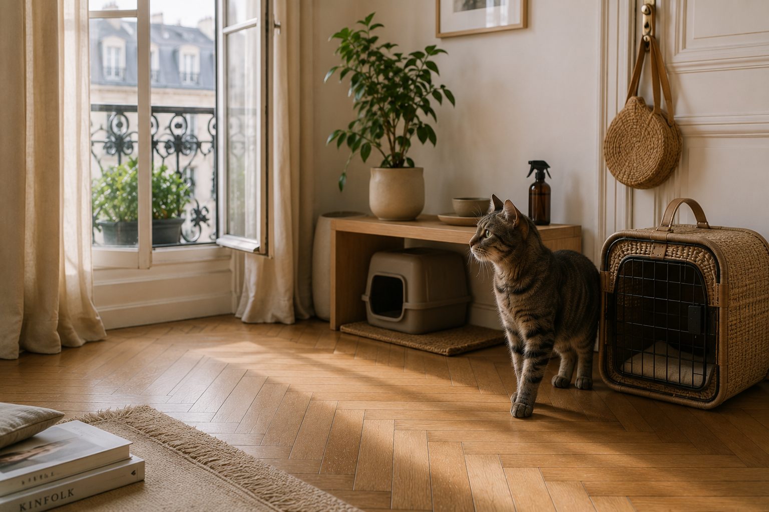 Coin litière discret et propre dans un appartement lumineux