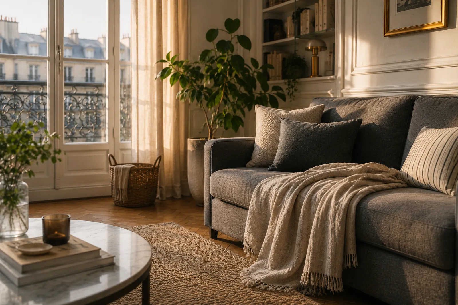Salon haussmannien chaleureux, plaid et lumière basse, chat installé au soleil