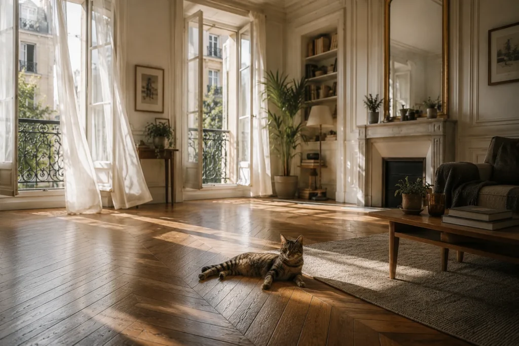 Chat lové sur un plaid dans un coin lumineux et douillet d'un salon contemporain