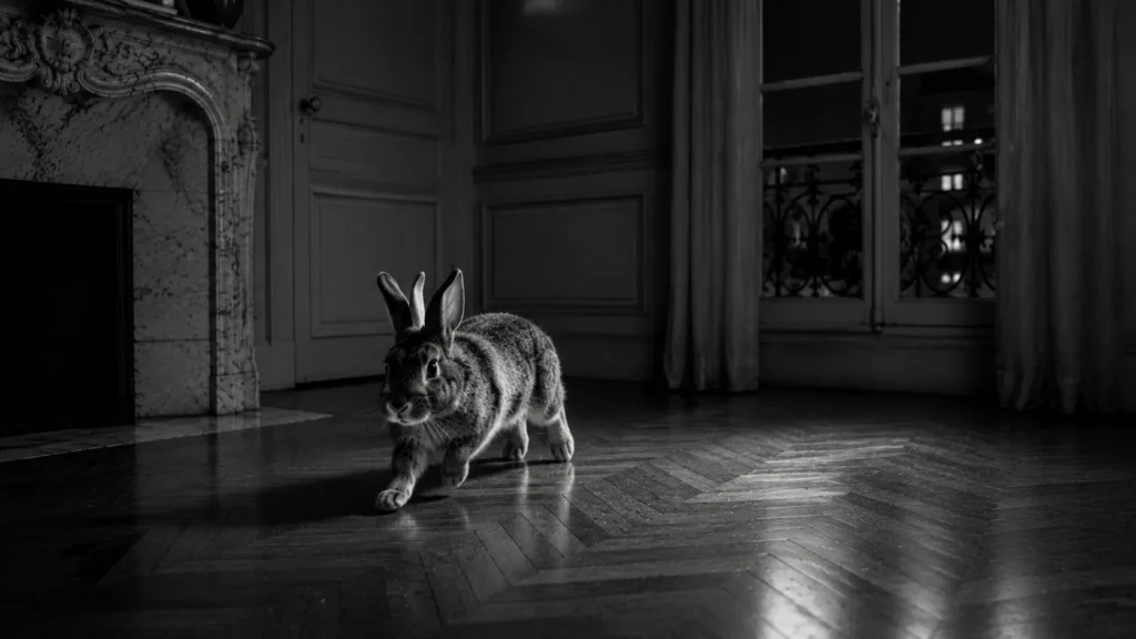 Un lapin qui tape du pied dans le silence d'un appartement la nuit, la vibration qui part vers le plancher, noir et blanc