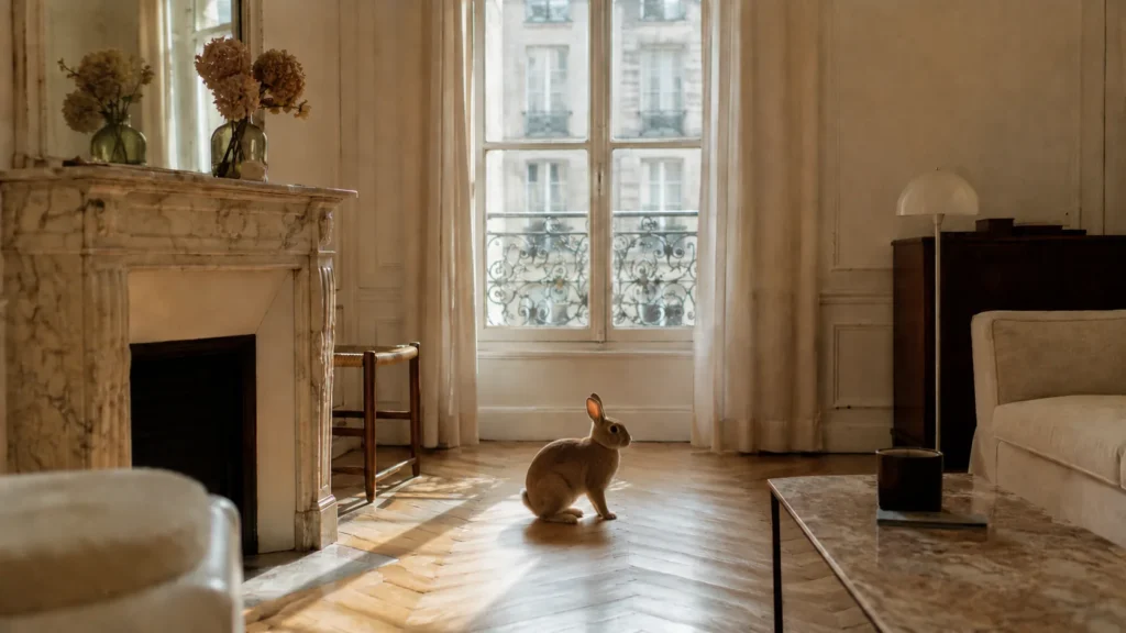 Un lapin détendu qui grignote son foin sur un tapis épais dans un salon feutré, le bruit maîtrisé