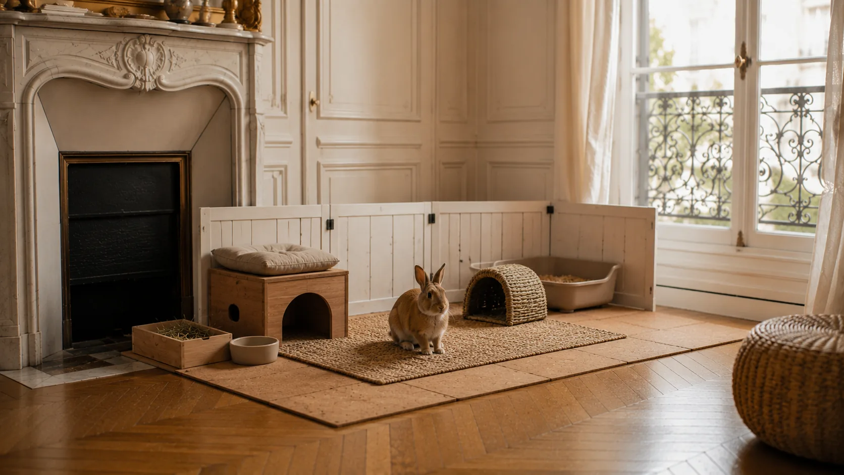 Coin de vie d'un lapin en appartement, tapis épais et dalle de liège au sol pour amortir le bruit, ambiance haussmannienne feutrée