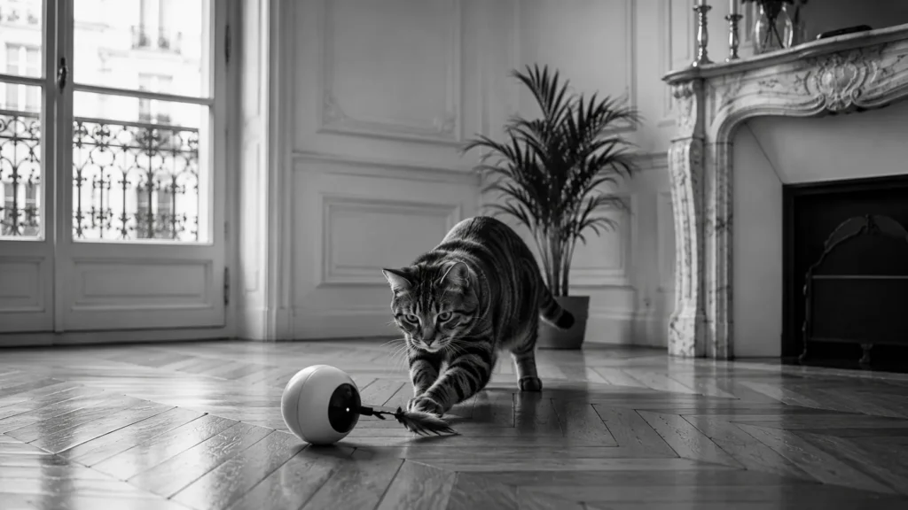 Chat en pleine poursuite d'un jouet interactif au sol, noir et blanc, appartement